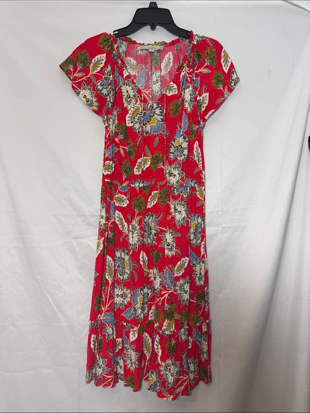 LOFT Red Floral Maxi Dress with Short Sleeves